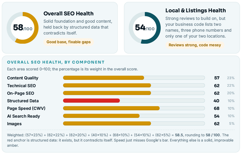 Sample AI Visibility Audit report card showing Overall SEO Health 58/100 and Local & Listings Health 54/100 with component breakdown