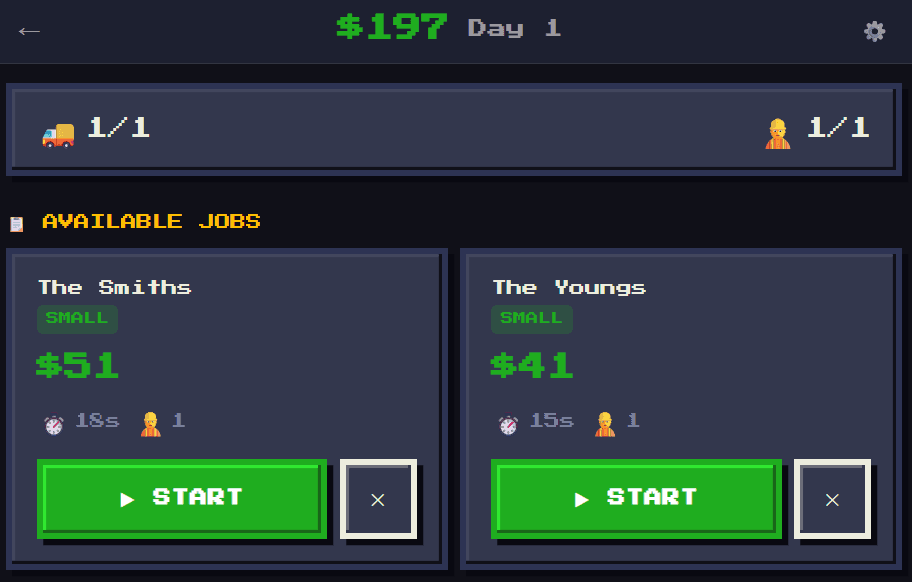 The Moving Empire game, showing a list of available jobs to accept